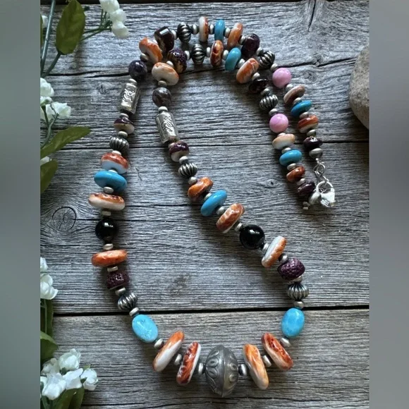 Southwestern 925 Sterling Silver Multi Gem Stone W Pearls Bead Necklace. 26 inch
